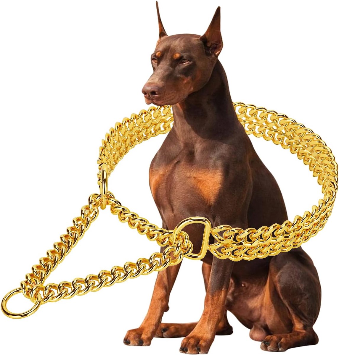 SnelShoppen - Gouden hondenhalsband 18K goud, verstelbaar roestvrij staal, dubbele rij ketting, kauwbestendig, Cubaanse schakels voor grote, kleine, m