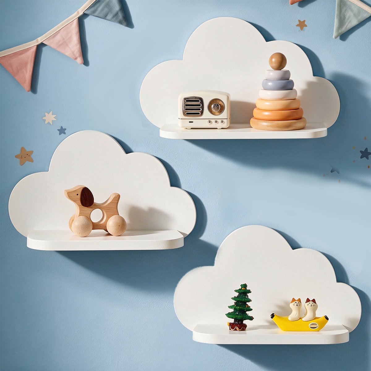 witte wolkenwandplanken Set van 3 - Zwevende planken voor kinderkamerdecoratie - Gemakkelijk schoon te maken en duurzaam - Decoratieve plank voor slaapkamer of kinderkamer