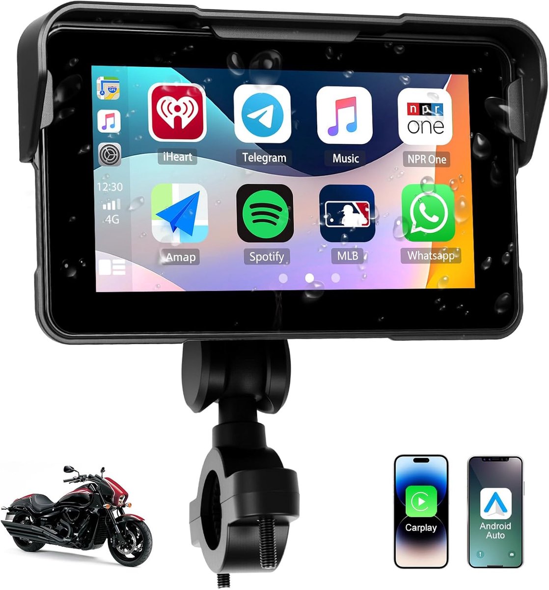 SnelShoppen - Draadloos 5-inch IPS HD Motorfietsdisplay - CarPlay Android Auto GPS Navigatie - IP68 Waterdicht - Bluetooth Universeel met EQ-instellin