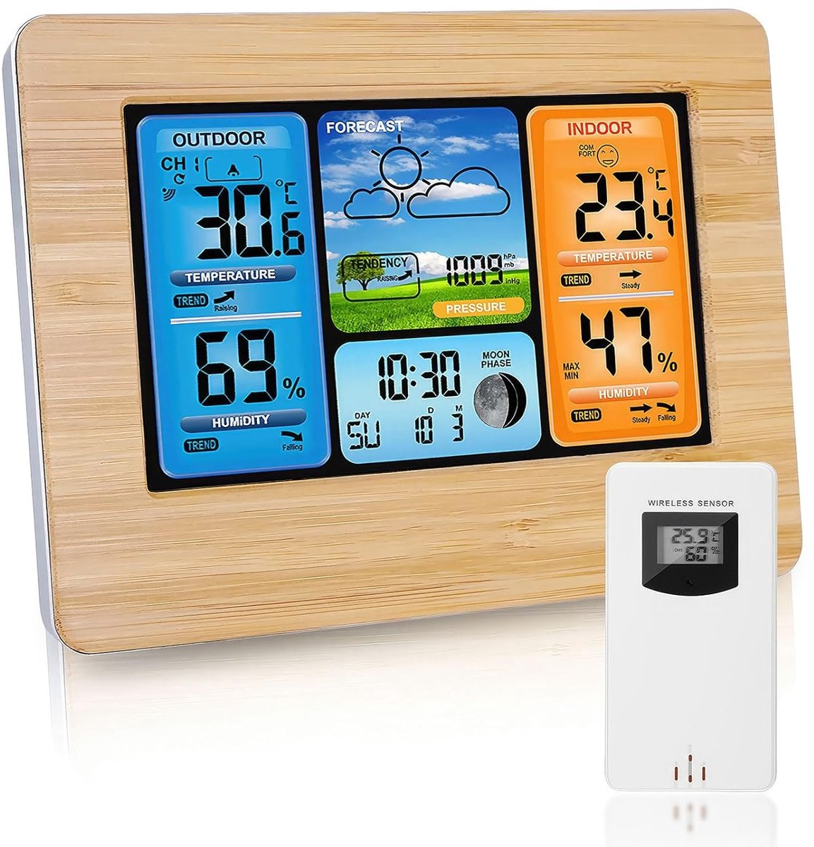 SnelShoppen - Draadloos Weerstation met Buitensensor, Groot Kleurendisplay, Digitale Wekker, Barometer, Temperatuur- en Vochtigheidsmonitor, Weersvoor