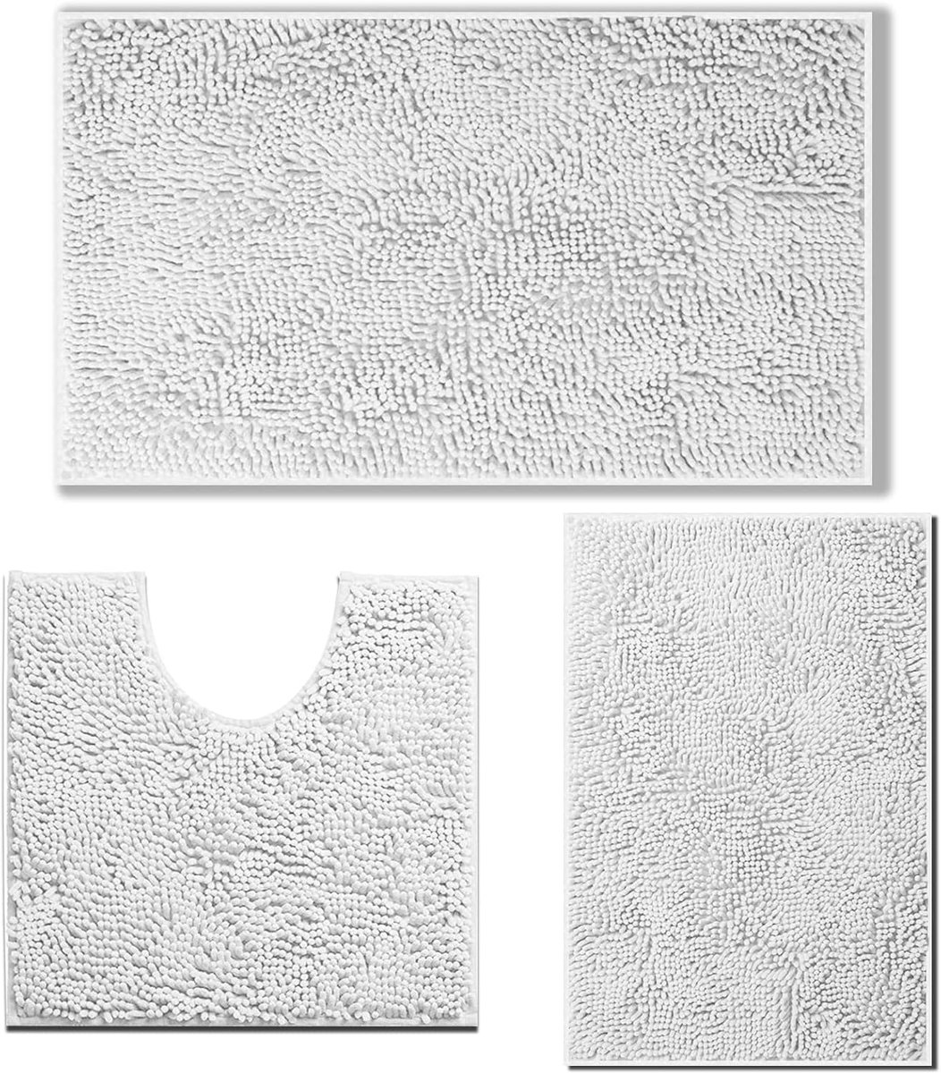 SnelShoppen - RUN HELIX Badmatset van 3 stuks, Antislip en Wasbaar, Chenille Badmatten voor Badkamer, Douche, Badkuip, WC Decoratie, Wit