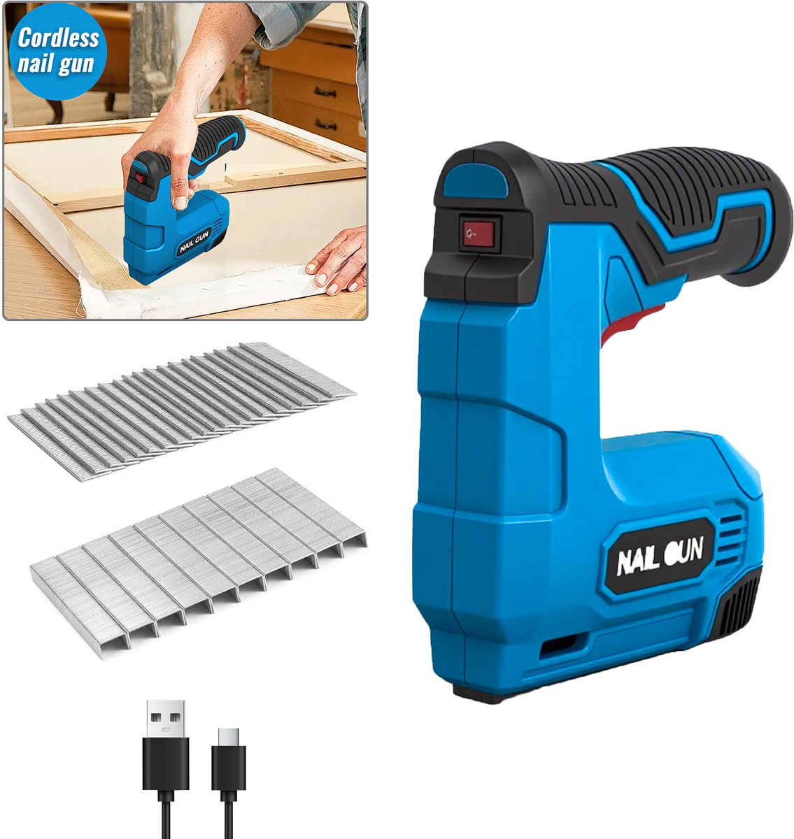Draadloze elektrische nietpistool, oplaadbaar via USB‑C, inclusief 2000 stuks nietjes voor hout‑ en doe‑het‑zelf‑klussen
