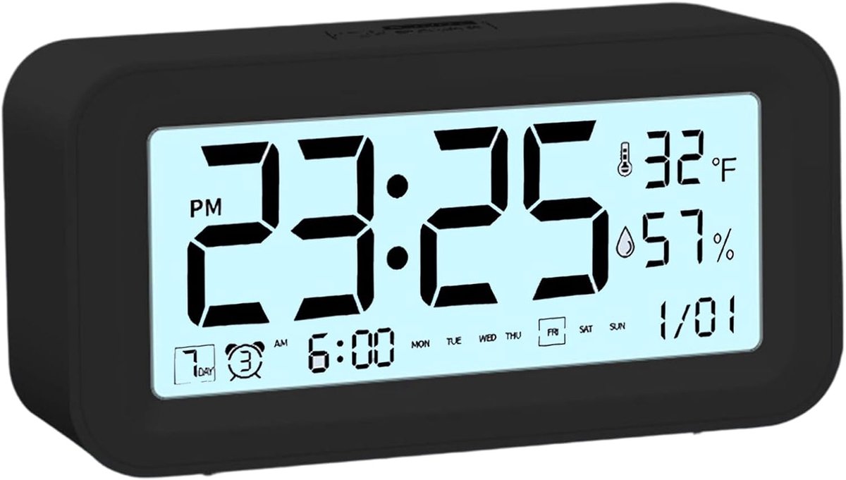 Thijox - Digitale Wekker met Temperatuur en Luchtvochtigheid, Tafelklok met 3 Wektijden, Intelligente Lichtsensor, Crescendo-alarm voor Slaapkamer en