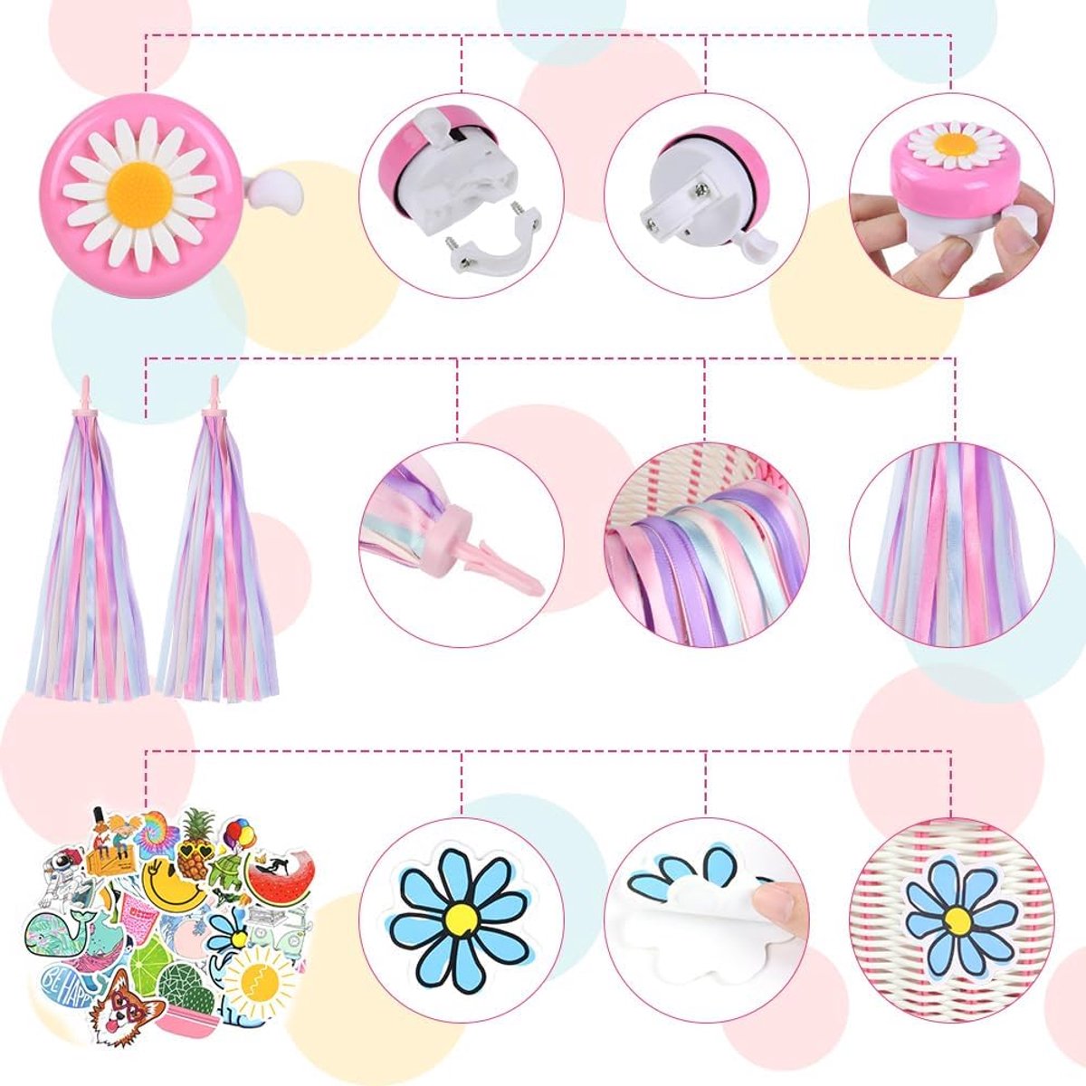 SnelShoppen - Flintronic Fietsmand voor Kinderen en Meisjes Voorop - Afneembaar Gevlochten Rotan Met Leren Riempjes, Streamers, Fietsbel en Sticker