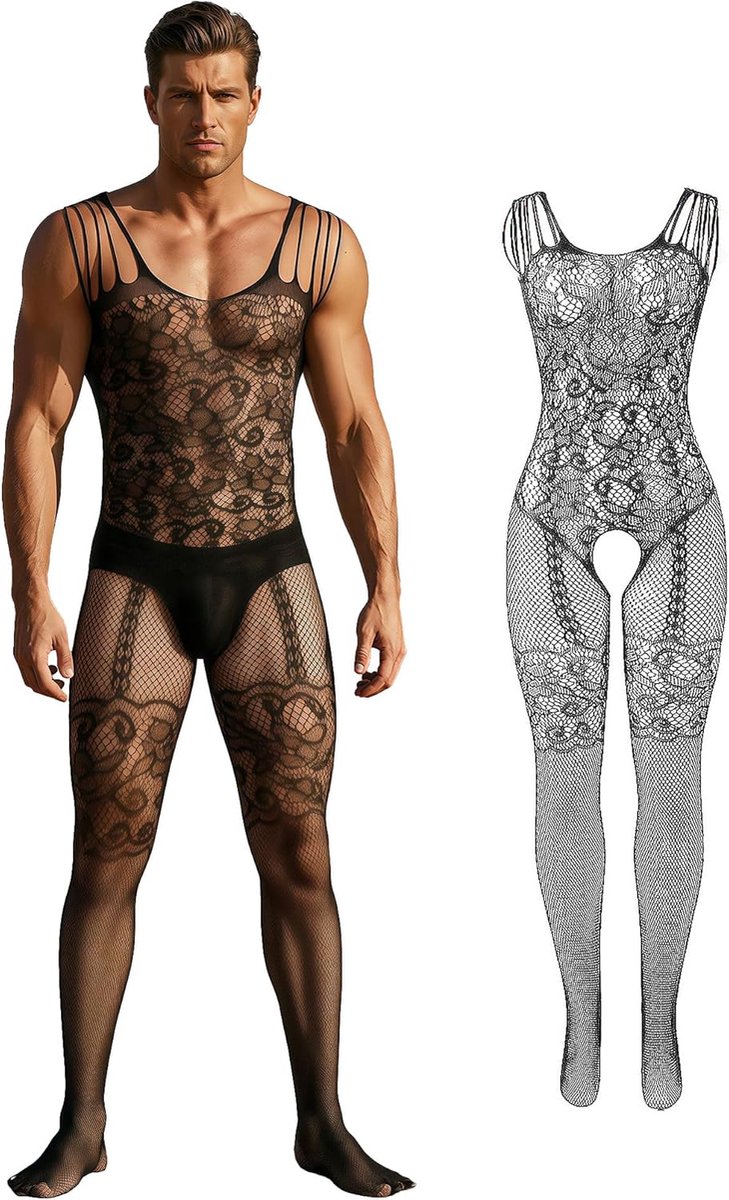 SnelShoppen - Bodystocking Ouvert Voor Mannen - Sexy Fishnet Bodysuit Man - Transparant Catsuit - Sissy Lingerie Grote Maten - Gay Sexy Lingerie Open