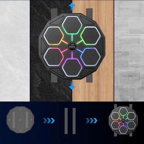 Octagonale bokstrainer met 6 led-panelen en digitaal display, getoond met verschillende muurachtergronden. Instructies voor wandmontage zijn zichtbaar.