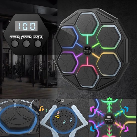 Octagonale bokstrainer met 6 led-verlichte panelen en een digitaal display. Bovenste deel toont snelheidsinstelling en aan/uit-knoppen. Onderste panelen tonen details van de pads en muzieknoten.