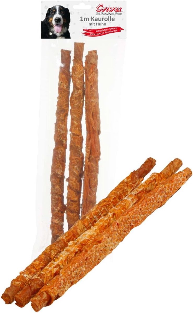 SnelShoppen - Kauwrol Hond 1m met Kip - Vetarm, Glutenvrij, Gedroogd Varkenshuid, Tanden reinigen, Kauwspieren trainen - 315g