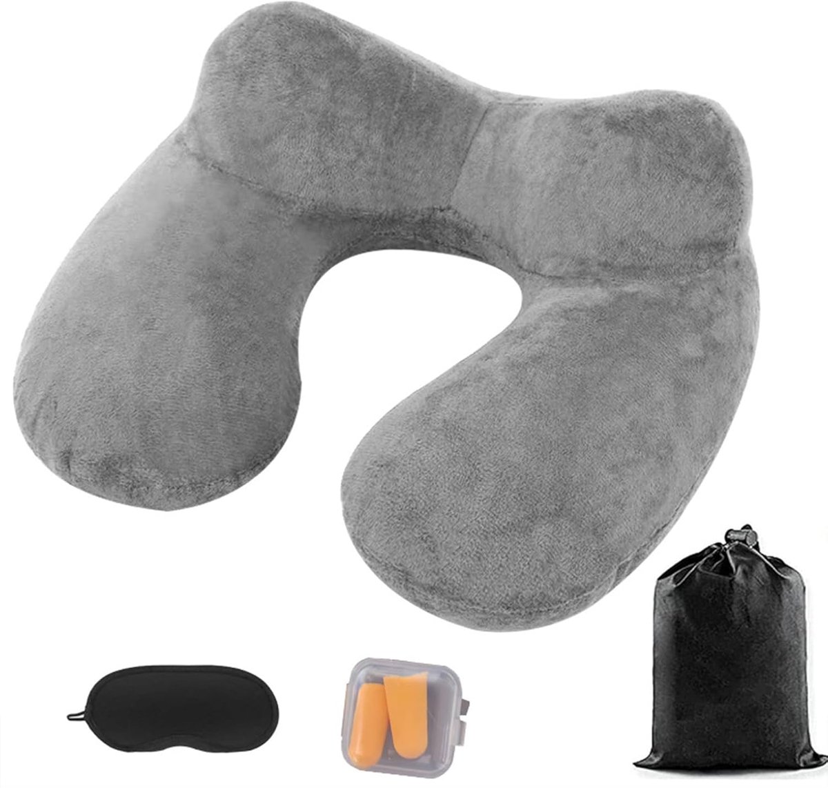 Thijox - Nackenkussen Vliegtuig Reisekussen Set met Slaapmasker & Oordopjes, Zachte Fluweel & Hoogwaardig PVC, Ergonomisch & Wasbaar, Draagtasje, Grij