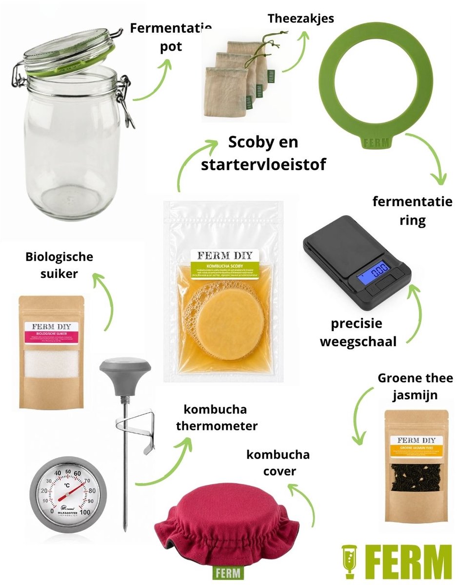 Kombucha premium fermentatie kit met fuchsia cover- compleet fermentatiepakket - zelf kombucha maken - kombucha starterspakket - kombucha scoby - fermentatie set - kombucha start pakket