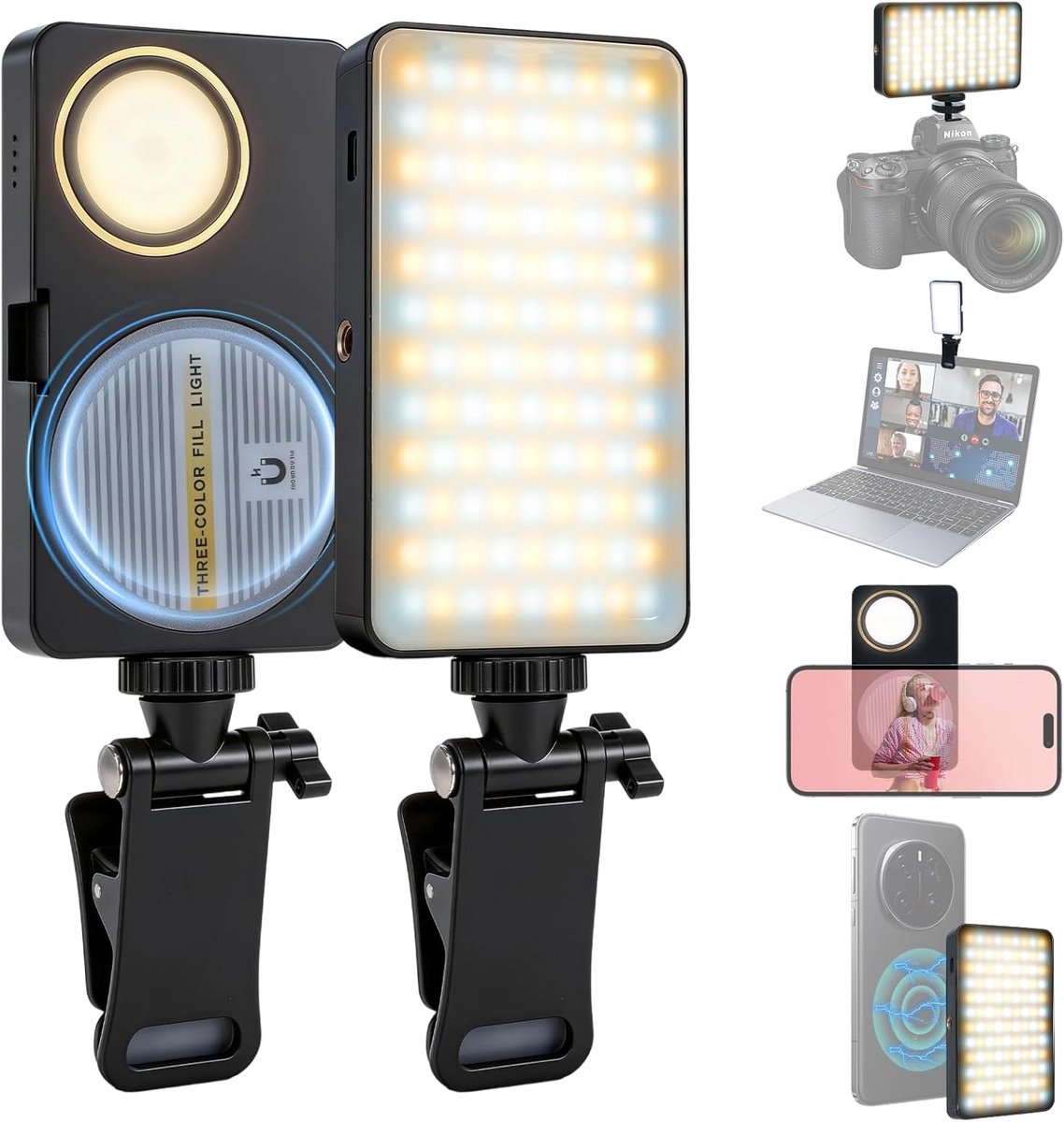 Thijox - 136 LED Magnetisch Zelfverlichtingslampje met Clip, Dubbelzijdige Vullamp, Oplaadbaar 1200 mAh, 3 Lichtmodi, 2800-9000 K, CRI 95+, Ideaal voo