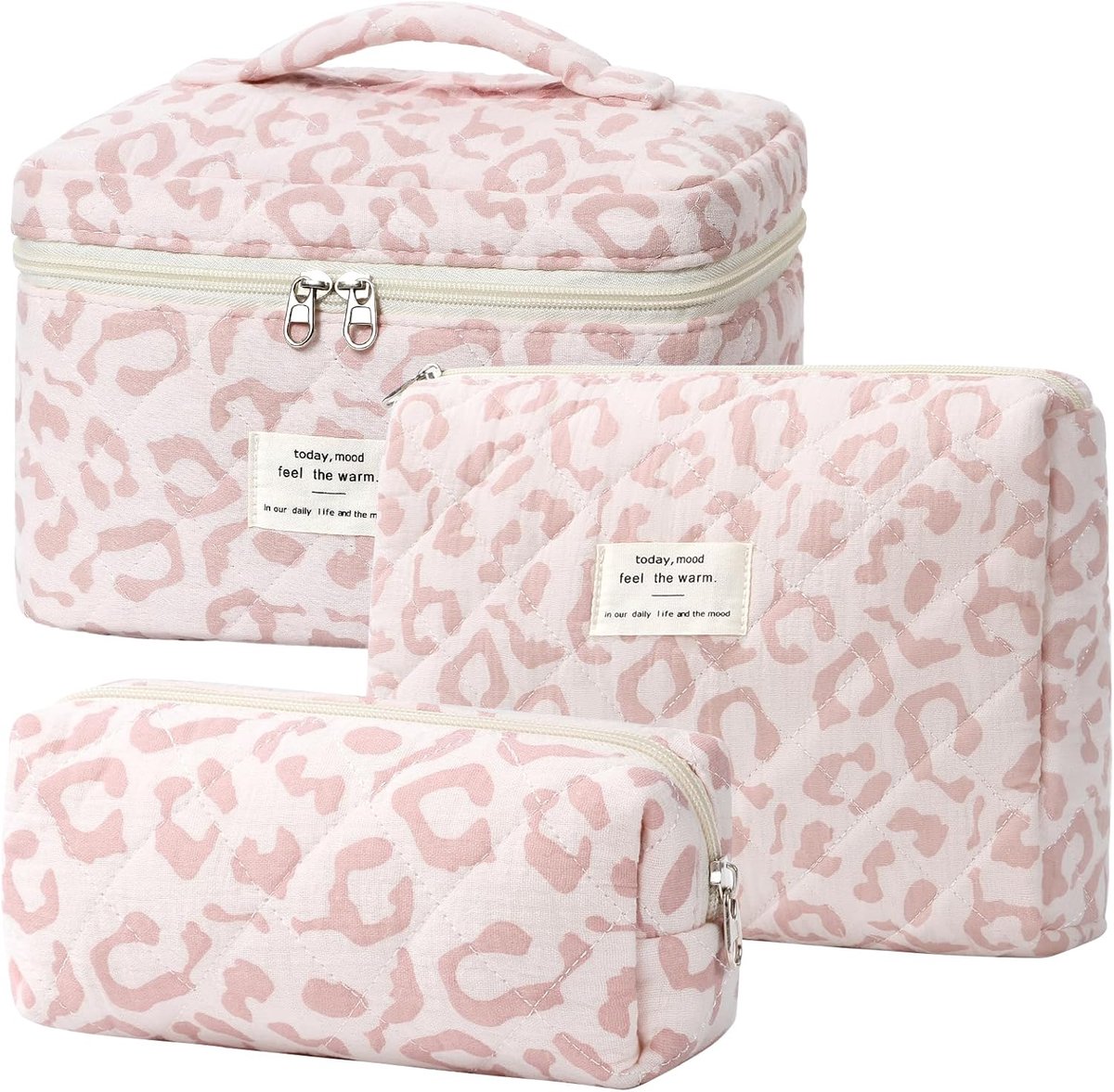 Thijox - 3-delige dames make-up tas set, roze luipaard, cosmetica tassen, ruime wastas en reistas, minimalistisch design voor dagelijks gebruik