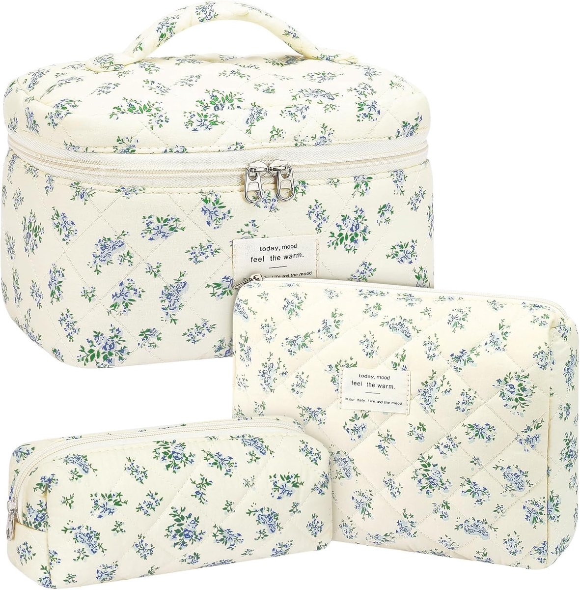 Thijox - Set van 3 Gevoerde Toilettassen met Bloemenpatroon, Make-uptas, Cosmeticatas voor Dames en Meisjes, Katoenen Stof, Esthetisch, Perfect voor F