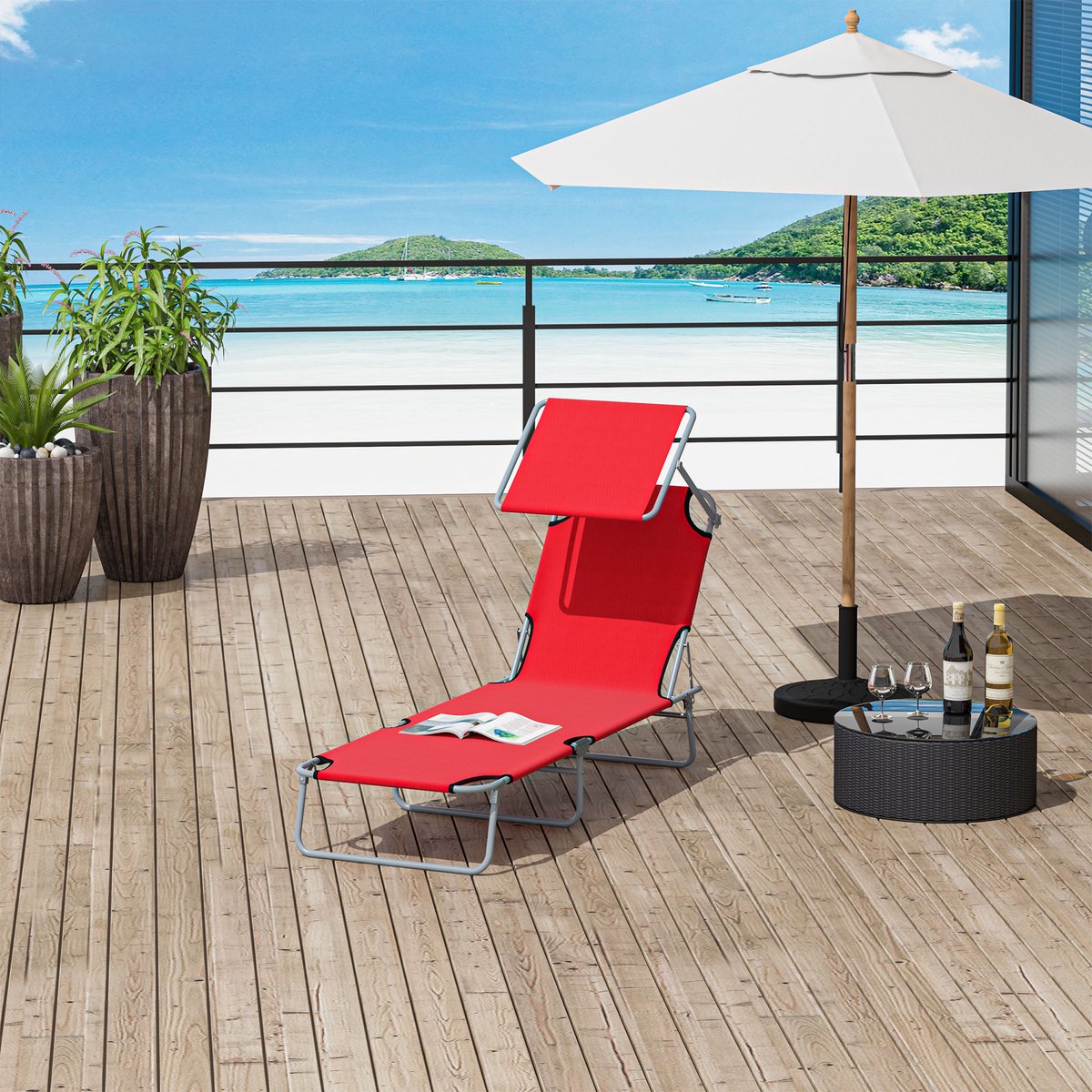 FloraGrace Ligbed 187 x 58 x 36 cm - Opvouwbaar Met Verstelbaar Zonnedak - Voor Tuin Terras Zwembad En Strand - Metaal En Oxfordstof - Rood