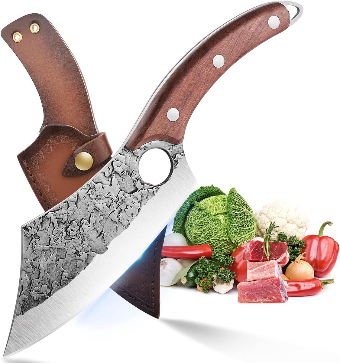 Thijox - Handgesmeed Koksmes - Vleesbijl, Uitbeenmes, Hakmes van Koolstofstaal met Leren Hoes - Keukenmes voor Grillen, Outdoor en Culinaire Creaties