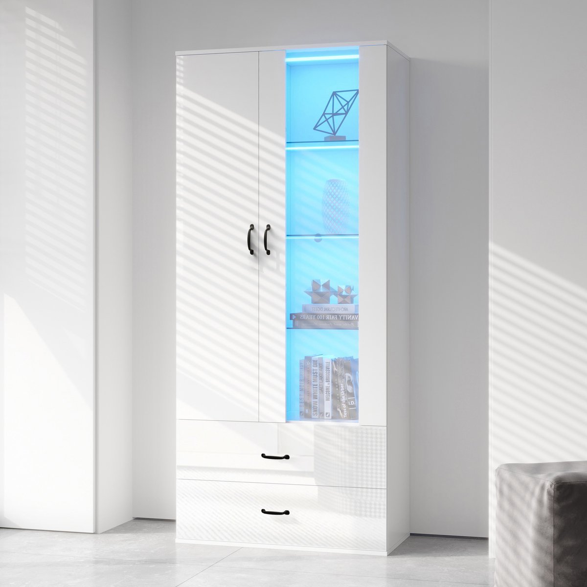 Wishdor - Buffetkast - LED-verlichting - 2 deuren en 2 lades - modern - voor woonkamer of eetkamer - houtlook met acryl en glas - wit - 59,5 x 35 x 182 cm