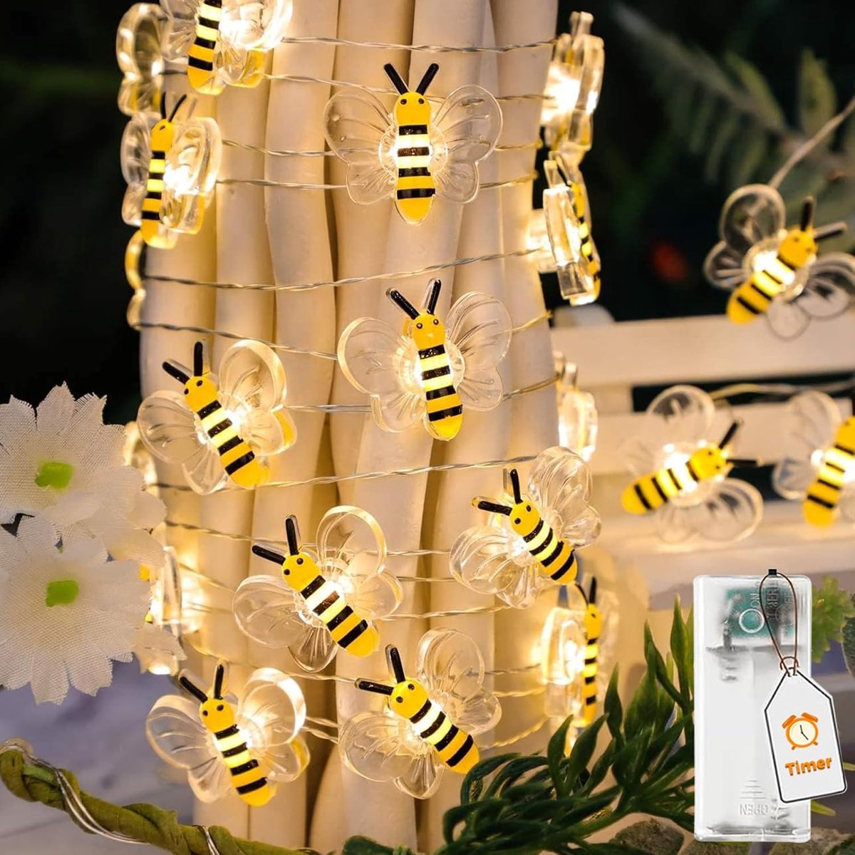 SnelShoppen - LED Bijen Slinger Lichten 1m, 10 Bijen, Batterij Aangedreven Fairy Lights met Timer voor Binnen en Buiten, Kinderen, Trouw, Tuin en Lent