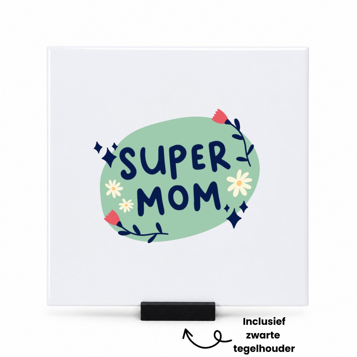 Hacebo super mom tegeltje met tegelhouder - Moeder - mama - tegeltjes met tekst - Moederdag - cadeau - verjaardag - kado - spreuktegels - 15x15 CM Wit