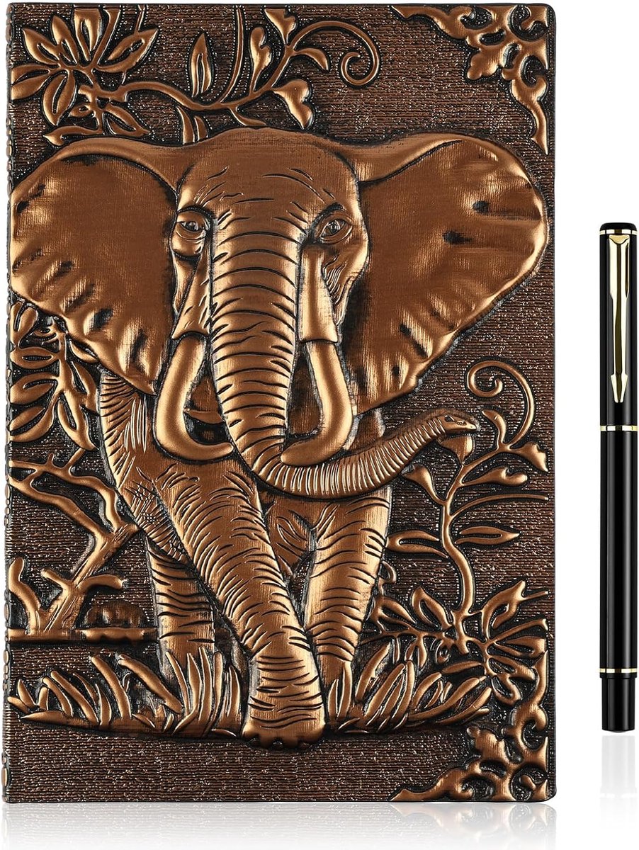 SnelShoppen - Vintage Leren Notitieboek met Pen - 3D Olifant Design - 200 Pagina's A5 Reizen Dagboek - DND Motivatie Cadeau voor Mannen en Vrouwen - P