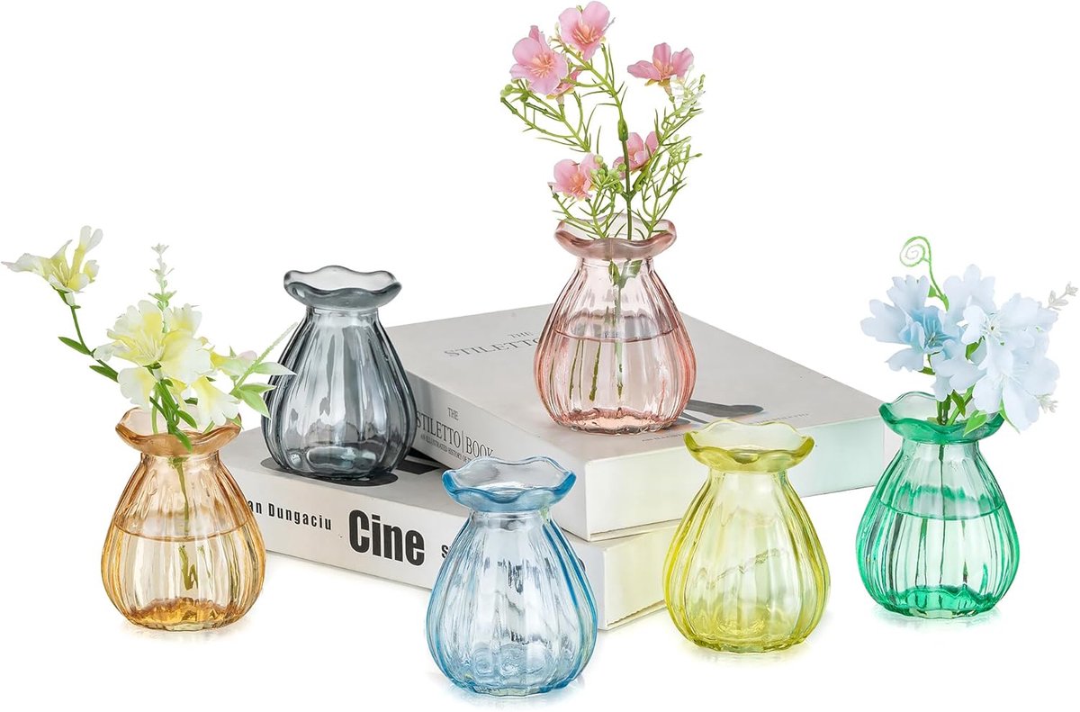 SnelShoppen - 6 Kleine Glazen Vazen voor Tafel Decoratie - Gekleurde Mini Bloemenvazen voor Woonkamer, Bruiloft Centerpieces, Unieke Bloemvormige Open