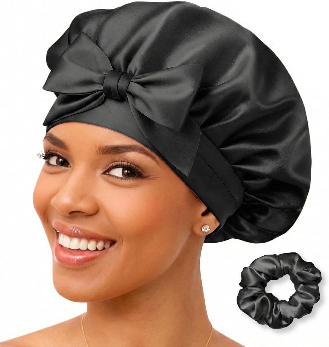 SnelShoppen - Silk Bonnet 100% Mulberry Silk Nachtkap, Ademend en Verstelbaar, Zijden Haarwrap voor Vrouwen, Ideaal voor Krullend Haar - Zwart
