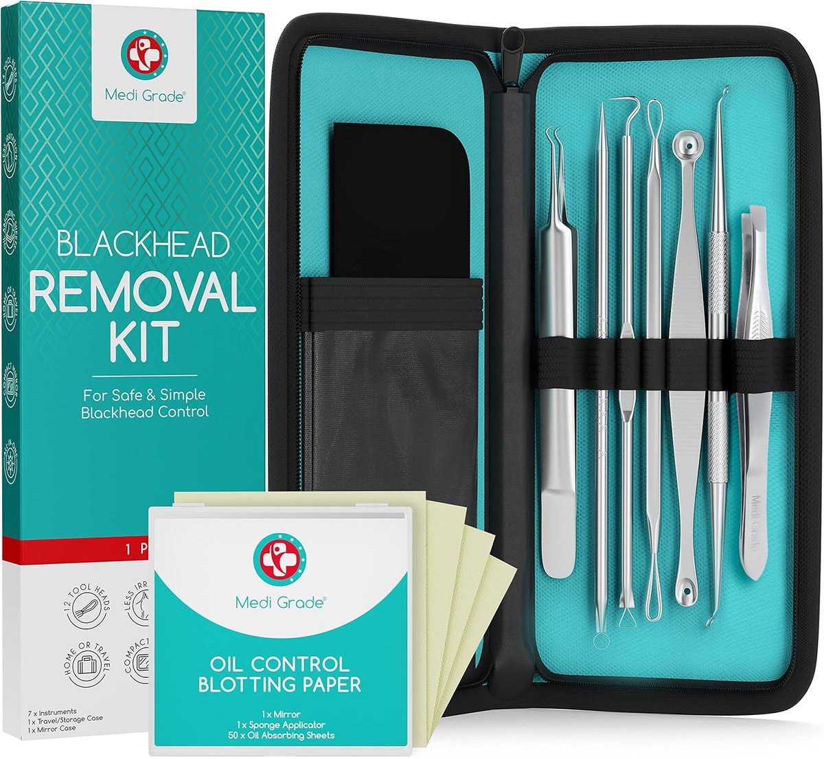 Thijox - Mee-Eter-Verwijderaar Set van 7, Roestvrijstalen Puistjes-Verwijderaar Kit, Complete Comedonenlepel Set voor Poriënreiniging, Inclusief Gerst