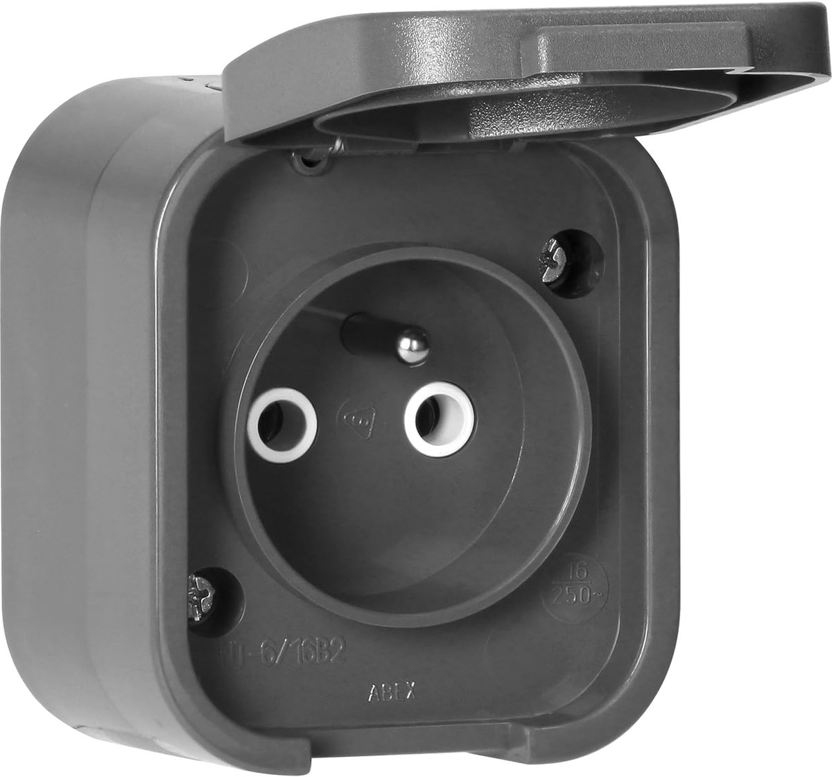SnelShoppen - Single Surface Socket - Spatwaterdichte Wandcontactdoos IP54 - Ideaal voor Buiten, Tuin, Camping, Keuken - Grijs Thermoplastisch Materia