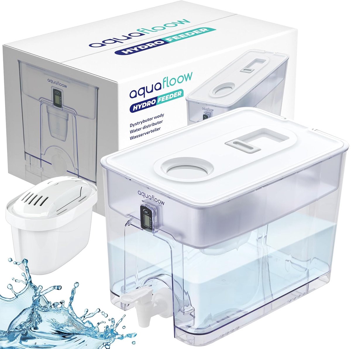 SnelShoppen - Aquafloow Waterfilter XXL 9.5L - All-in-1 Waterdispenser - Vermindert Chloor, Kalk, Pesticiden en Zware Metalen - Ideaal voor Thuis, Keu