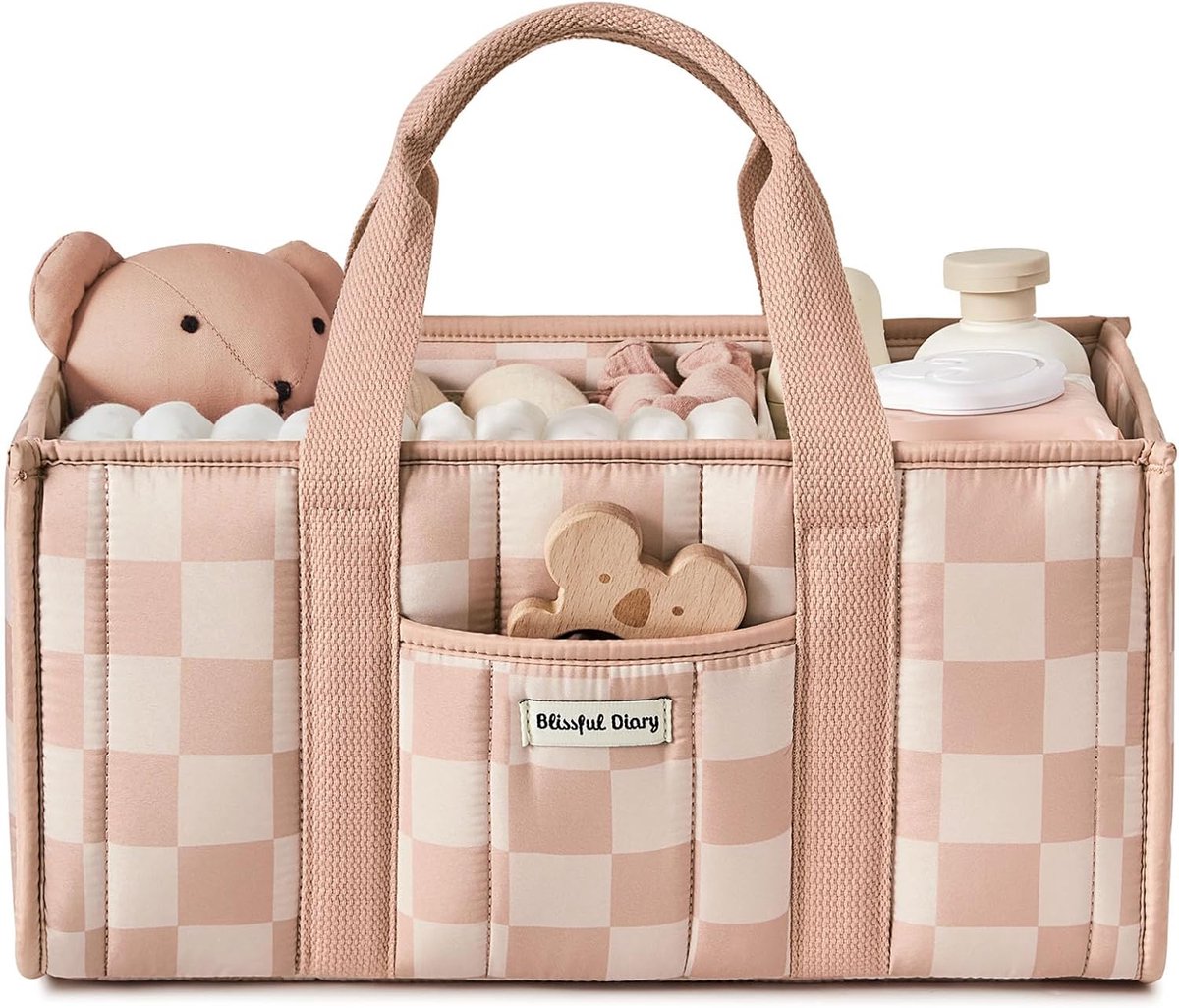 SnelShoppen - Stylish Diaper Bag Organizer, Blissful Diary Caddy met Handvatten, Roze Geblokt Design, Perfect voor Luiers, Doekjes, Crèmes, Baby Showe