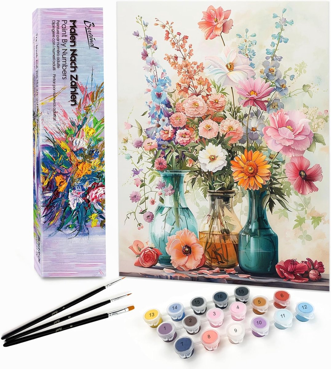 SnelShoppen - Bougimal Schilderen op Nummer voor Volwassenen - Landschap Zonder Lijst - Inclusief Kwast en Acrylverf - 28 x 35 cm - Kleurrijke Bloemen