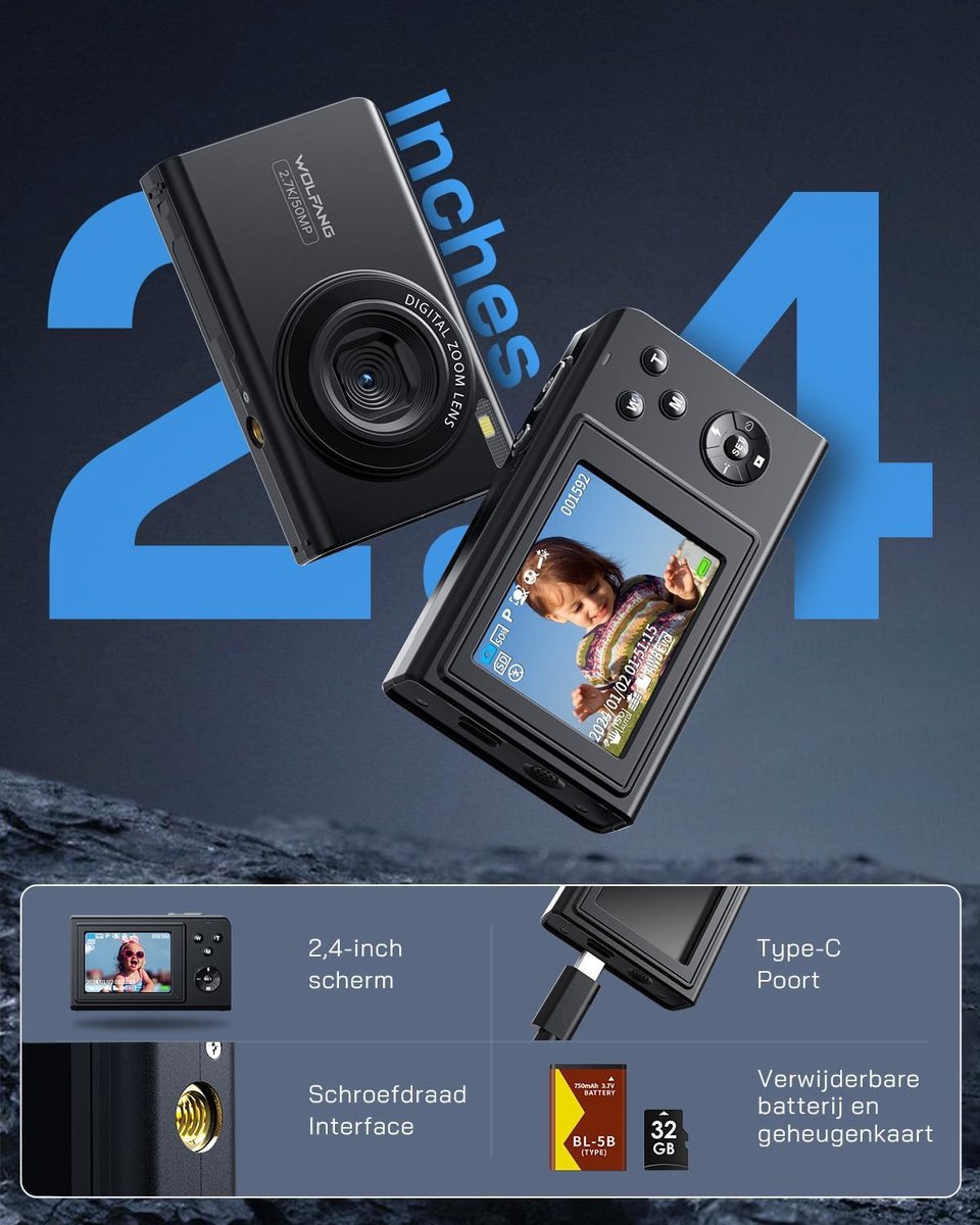 SnelShoppen - Digitale Camera 2.7K voor Kinderen, 50MP Compacter Vlogging Camera met 16x Digitale Zoom, Auto Focus, Perfect voor Fotografie en Video thumbnail 2
