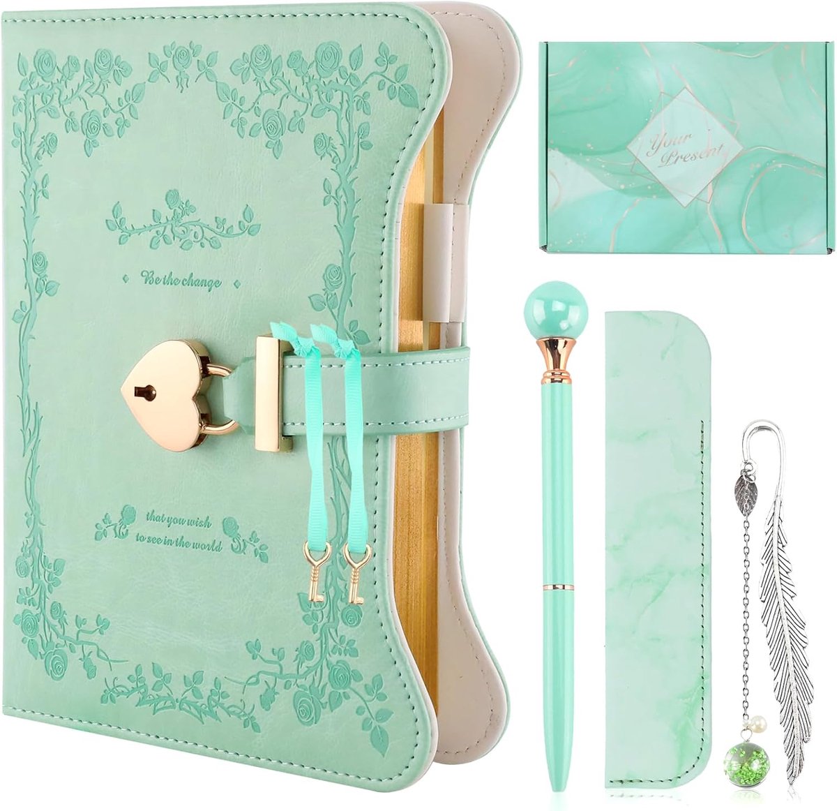 SnelShoppen - Notitieboek met Slot voor Meisjes, Groen Geheim Dagboek met Sleutel, Schrijfset met Etui, Bladwijzers, 360 Pagina's, Gouden Rand, Verjaa