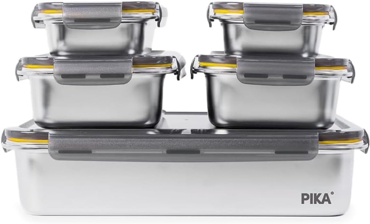 SnelShoppen - Set van 5 Bakdozen voor Batch Cooking - 1x 5000 ml + 2x 1300 ml + 2x 650 ml - Rvs, Magnetron, Oven, Vriezer Bestendig, Handige Opberging