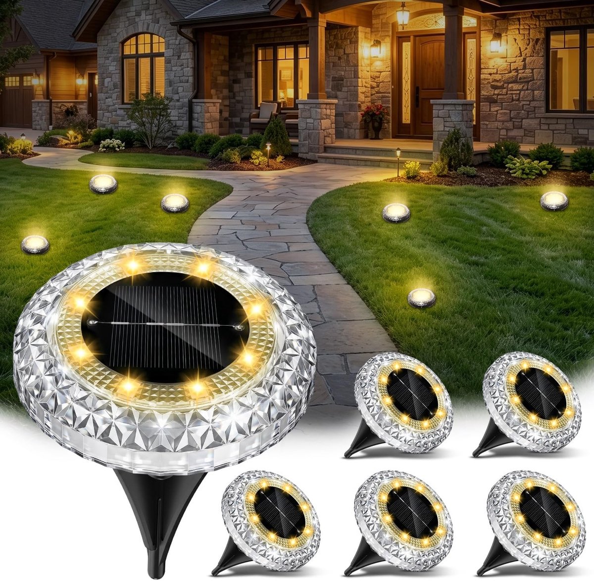 SnelShoppen - Set van 6 Vloerlampen op Zonne-energie voor Buiten, Tuinverlichting met 8 LEDs in Warmwit, Roestvrije Behuizing, IP65 Waterdicht, Voor G