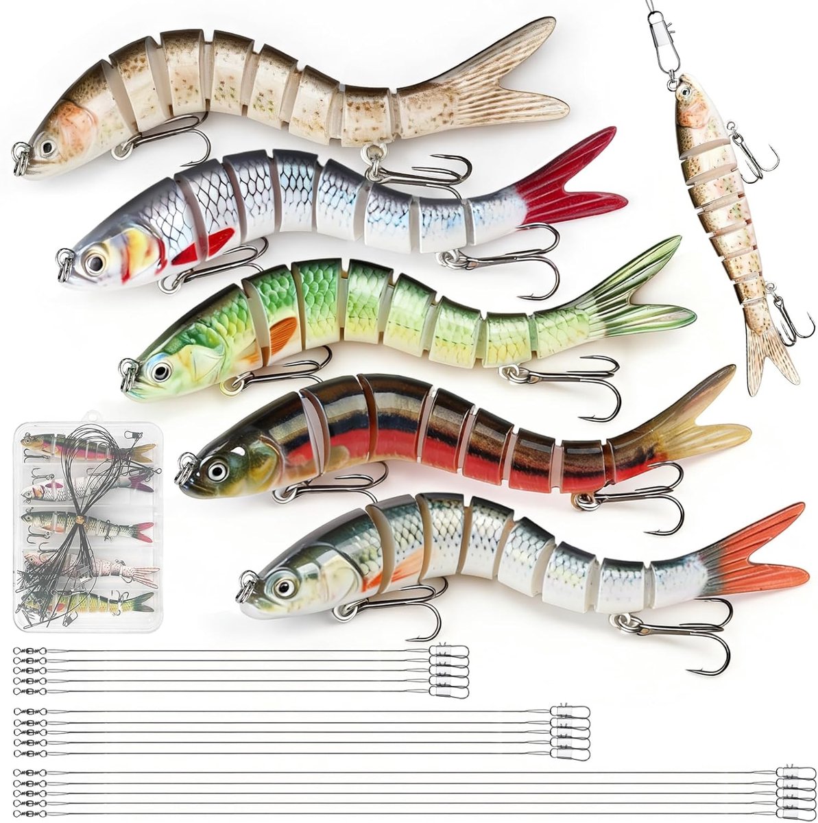 SnelShoppen - 5 Stuks Multi-Gelinkte Snoeken Aas Set - Levensechte Kunstmatige Snoek met 15cm, 25cm, 30cm Draad Sporen - Realistische Swimbait voor Ba
