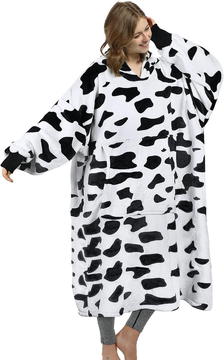 SnelShoppen - Fluffy Fleece Hoodie Blanket - Cozy Oversized Hoody voor Volwassenen - Dames en Heren - Warm en Portable - Cow Print - Perfect voor Camp