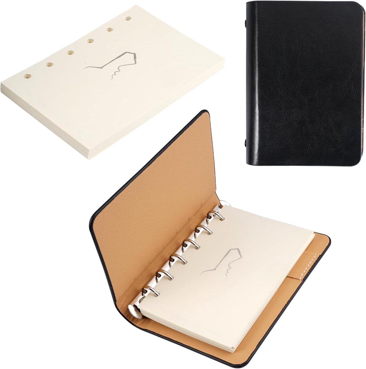 SnelShoppen - 14.7x10.6cm Lederen A7 Ringband Notitieboekje, Herbruikbaar Notitieboek voor Notities, Planning, Studie, Reizen, Projecten in Zwart