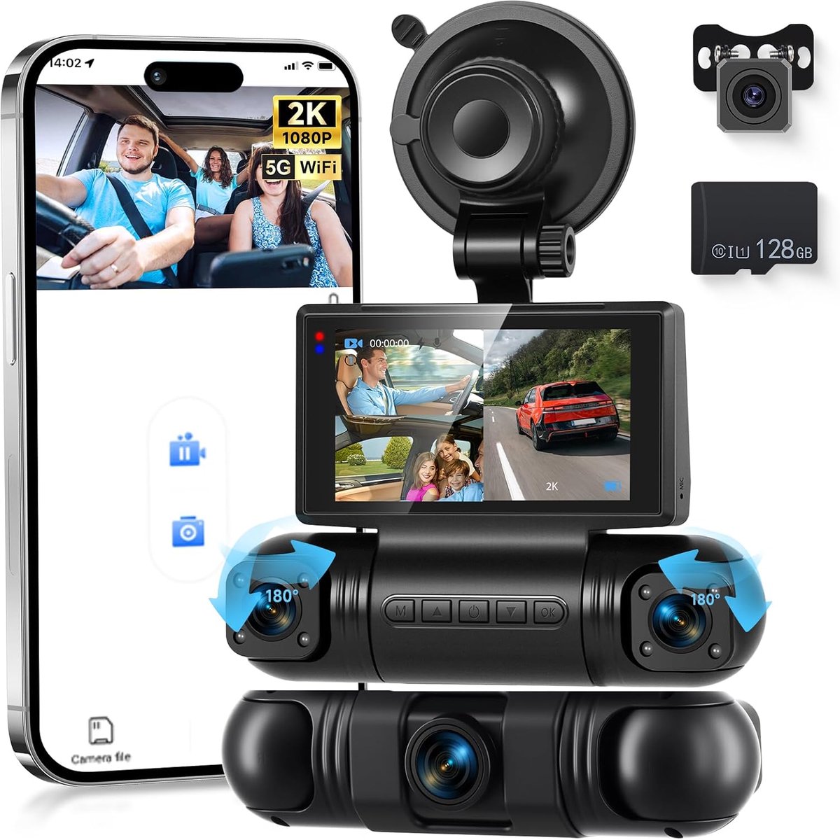 SnelShoppen - 4*Dashcam 2K voor Auto met Wifi, 1080P Achteruitrijcamera, 3-inch IPS Scherm, 24-uurs Parkeermonitoring, Nachtzicht, G-Sensor, 360-Grade