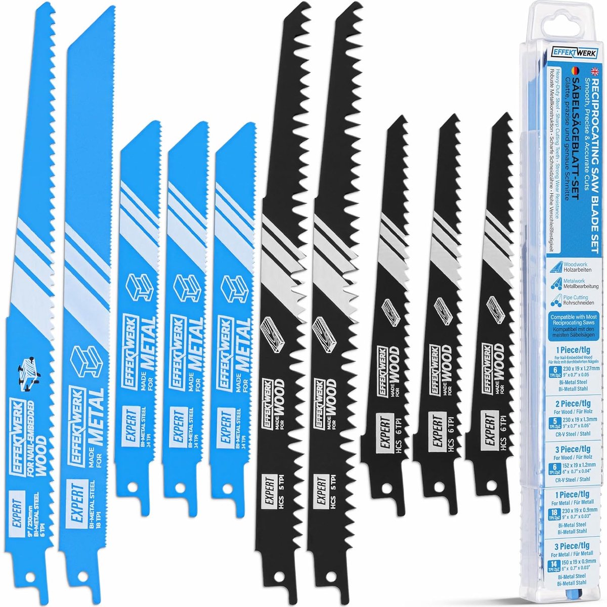 SnelShoppen - Sabre zaagblad set - 10-delige zware HCS staal zaagbladen voor hout, metaal & plastic - 5/6/14/18 TPI voor precisie zagen