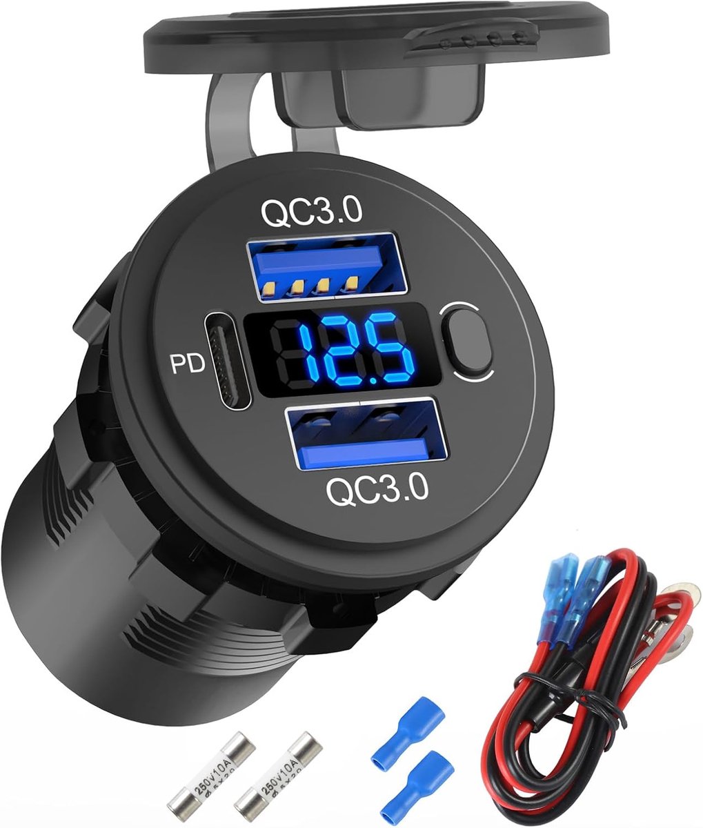 SnelShoppen - 12 Volt USB Socket Dual Quick Charge 3.0 + PD3.0 USB C Auto Oplader met Voltmeter en Waterdichte Schakelaar voor Boot, Caravan en Auto