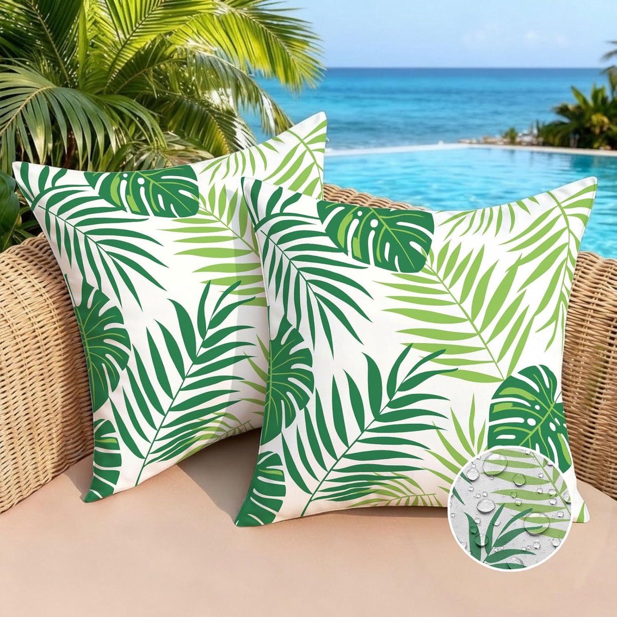 SnelShoppen - Waterdichte Buitenkussenhoezen 40 x 40 cm - Decoratieve Kussens voor Woonkamer, Tuin en Balkon - Groen Bladpatroon - Set van 2