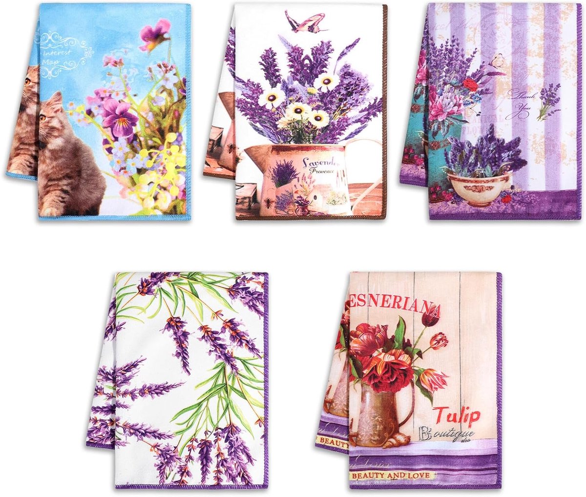 Thijox - Keukendoeken Set van 5 - 55x40cm Theedoeken Microvezel - Decoratieve Kat, Lavendel & Bloem Motieven - Absorberende Keukenhanddoeken voor Thui