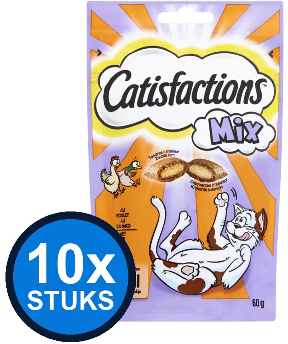 10x Catisfactions - mix kip&eend 60gr - Kattenvoer Snacks - 60 g