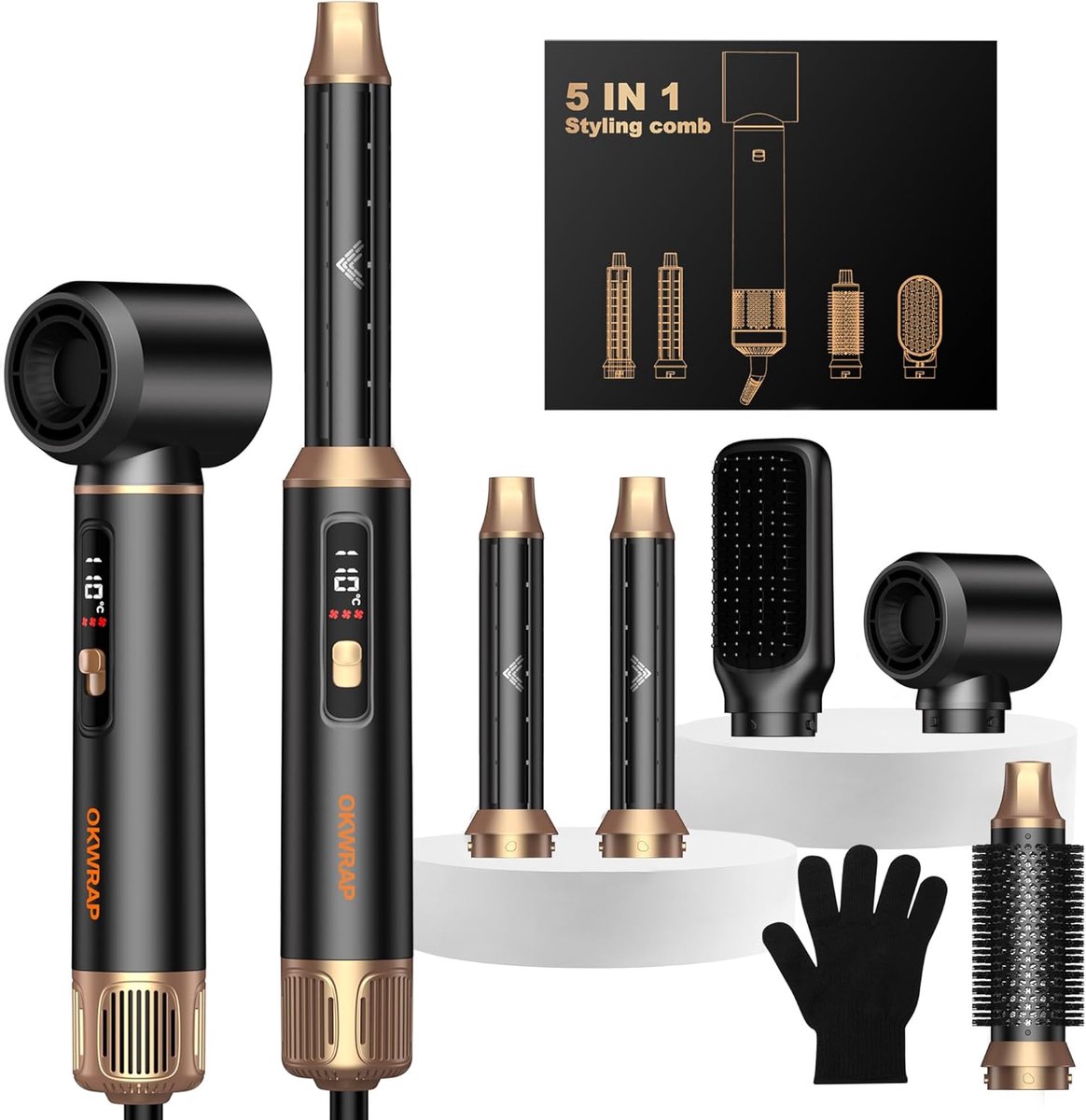 Thijox - Föhn 5-in-1 Haarstyler met Opzetstukken, Professionele Haardroger, Ionen Technologie, Stijlvol Design, Voor Alle Haartypes, Thuis en Op Reis
