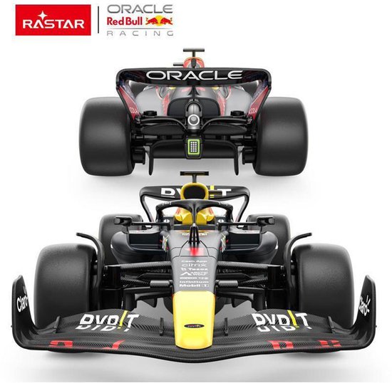 Voor- en achterkant van een zwarte Red Bull RB18 F1 auto met gele en rode accenten.