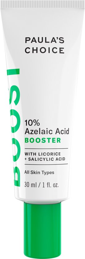 Witte Paula's Choice tube met groene 'BOOST' opdruk. De tube bevat 10% Azelaic Acid Booster.
