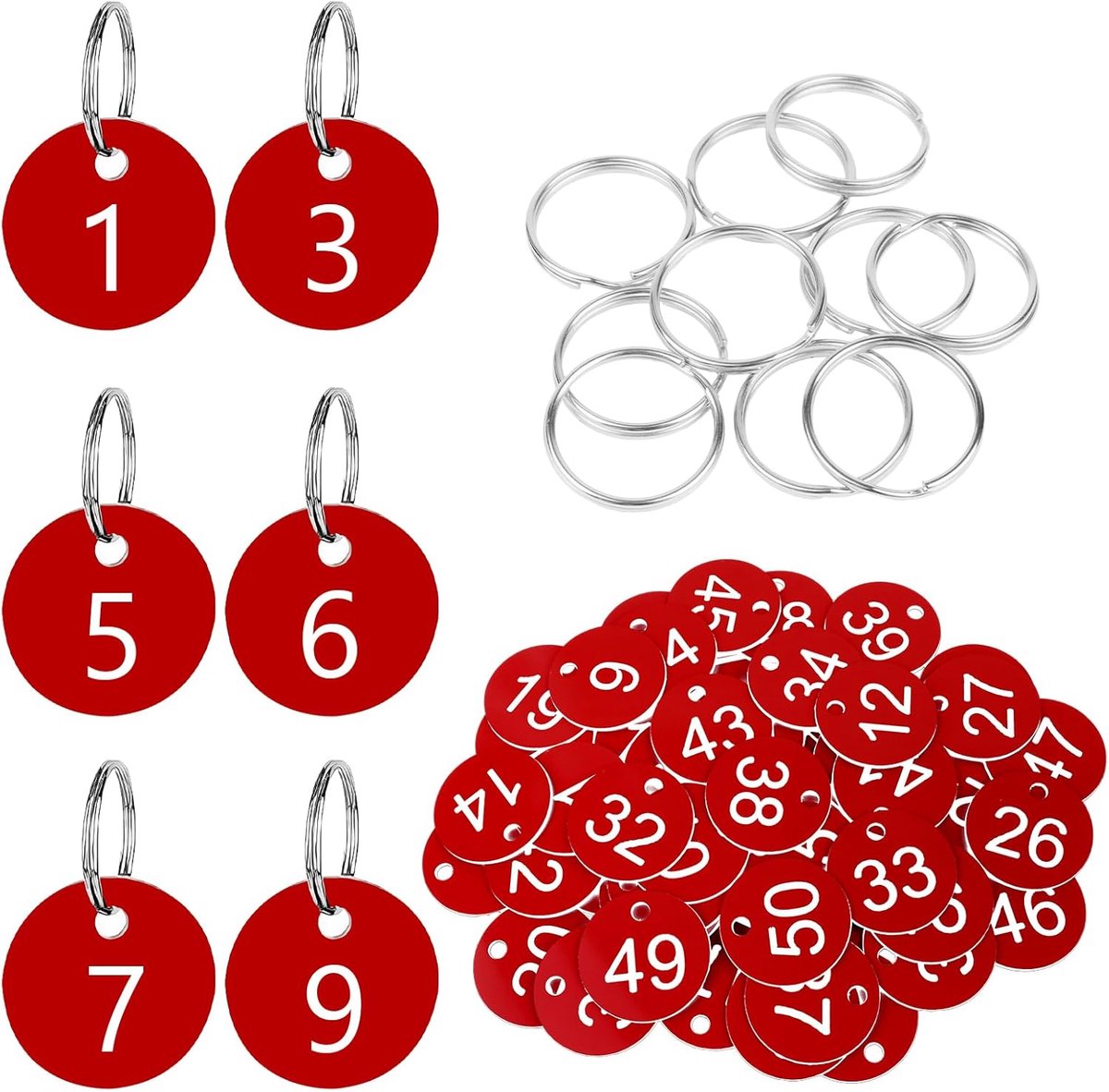 SnelShoppen - 50 Stuks Genummerde Plastic Naambordjes Waterdichte ID-labels met Sleutelhanger voor Hotels, Scholen, Kantoren, Koffers - Rood