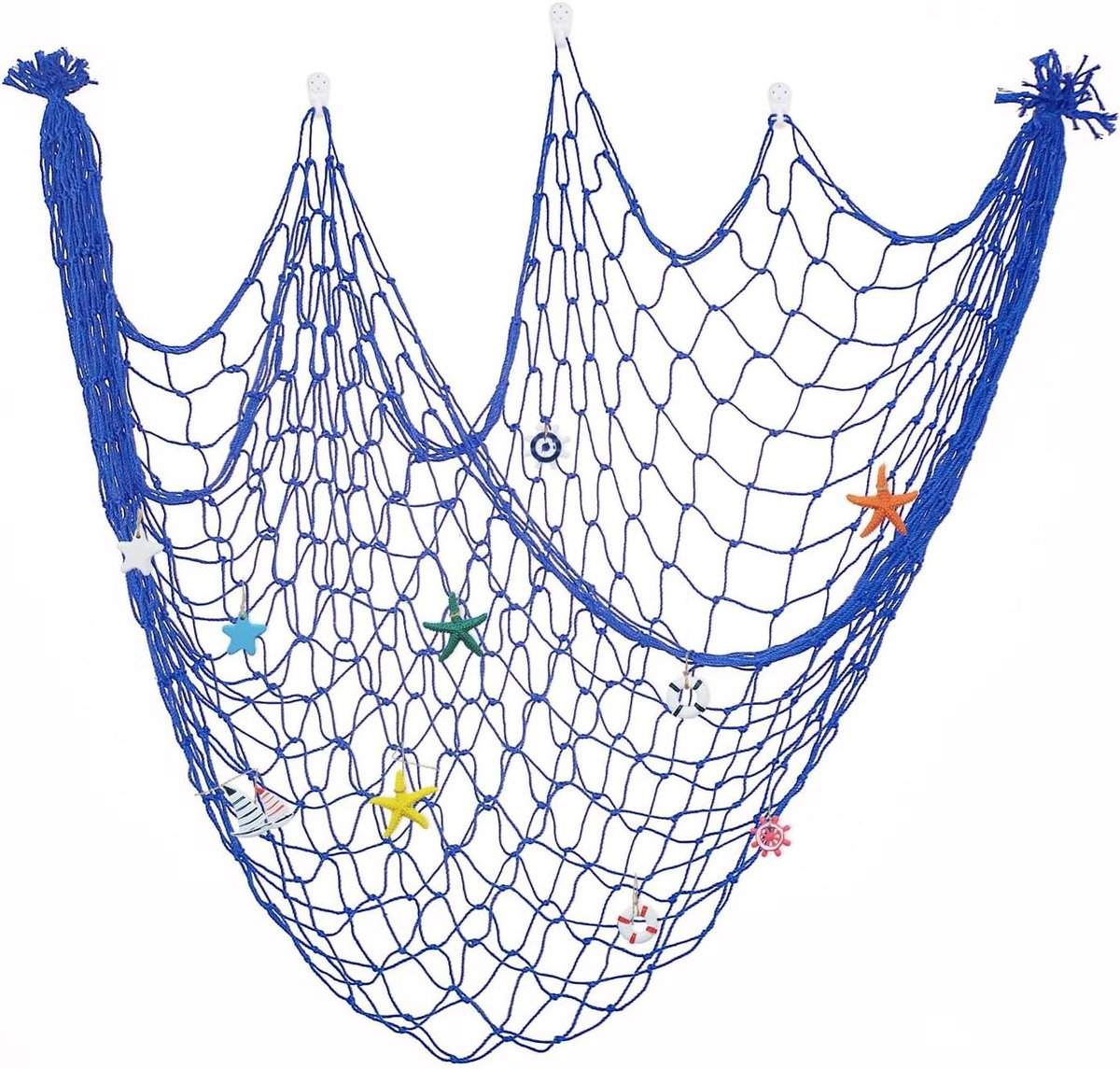 Decoratief visnet - Nautische decoratie - Muur aankleden - Met schelp en anker - 100x200 cm - Blauw