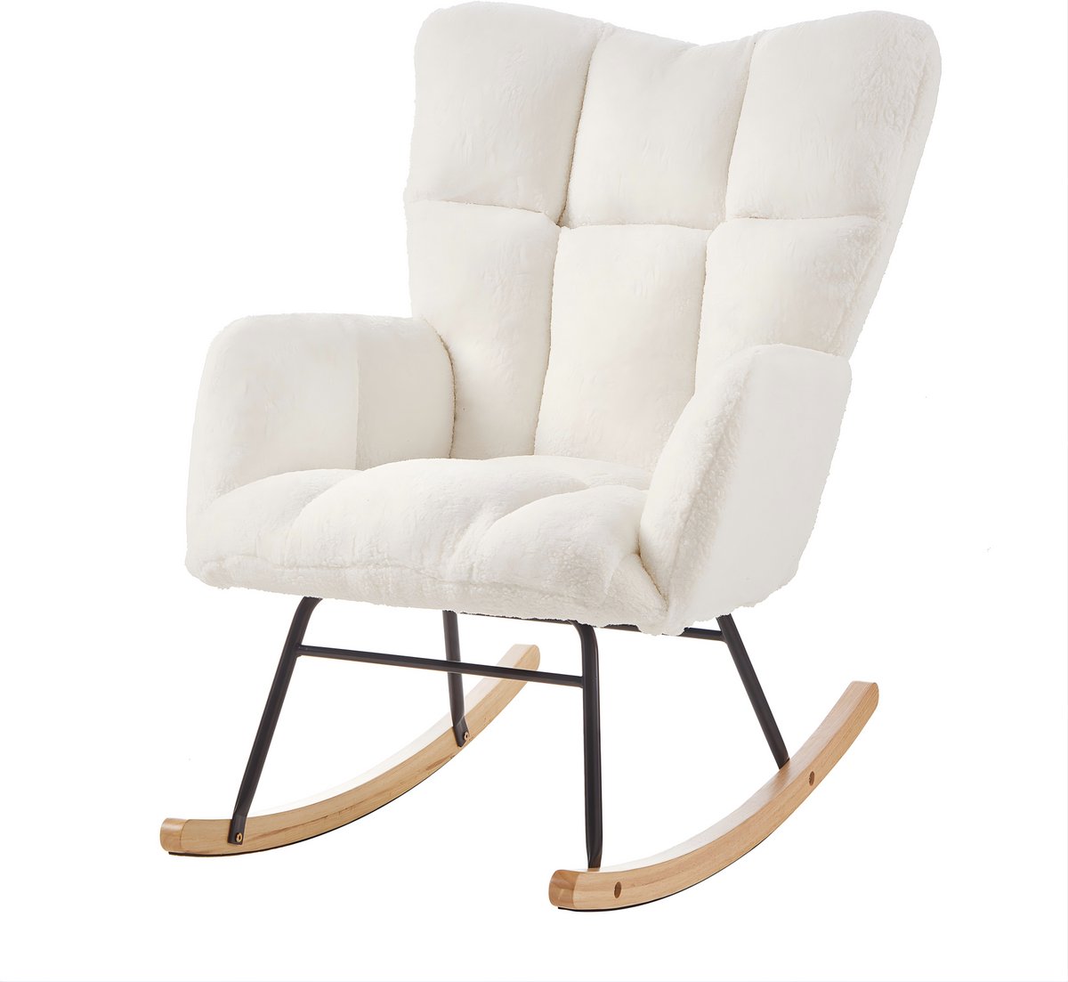 Moderne schommelstoel 69×89×101 CM – Veelzijdige relaxfauteuil voor woonkamer, slaapkamer, kantoor, kinderkamer & balkon, stijlvolle fauteuil met houten voetframe & metalen frame, Scandinavisch design