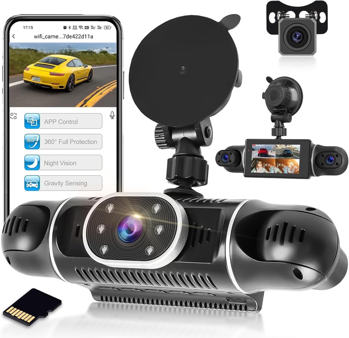 SnelShoppen - Dashcam 1080p 4 Kanalen Voor en Achter, 3 Inch IPS Scherm, Wifi, Nachtzicht, G-Sensor, Loop-opname, Parkeerbewaking 24 Uur
